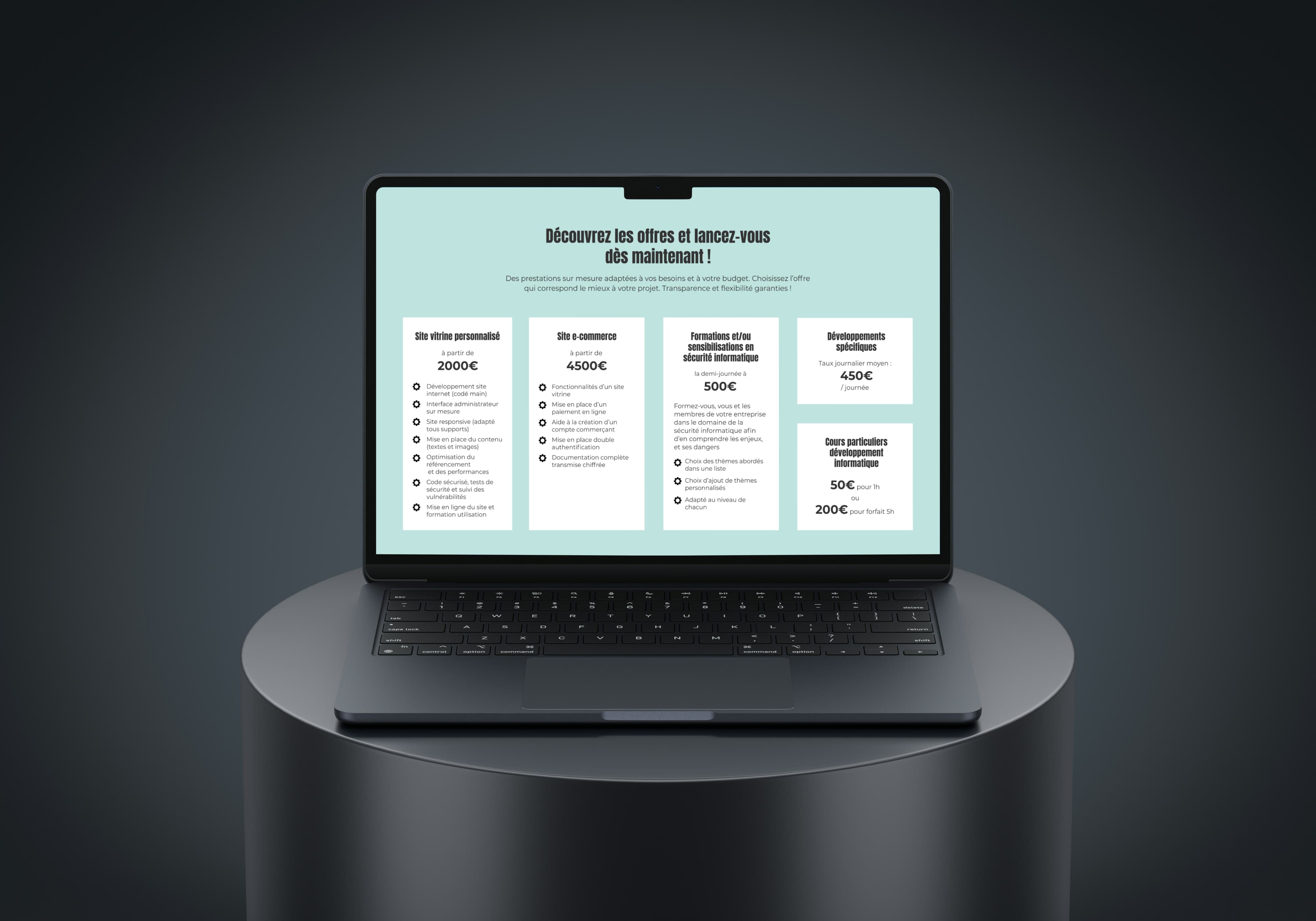 Présentation des maquettes web conçues pour un site professionnel dans le domaine de la cybersécurité, travail de design réalisé à Bordeaux par Chloé Doustalet